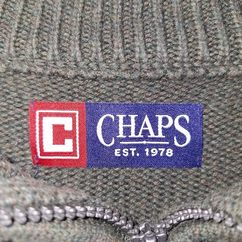 Chaps Men's Olive 1/4 Zip-Up Cable Knit Sweater In A Size XL. Chunky,Substantial